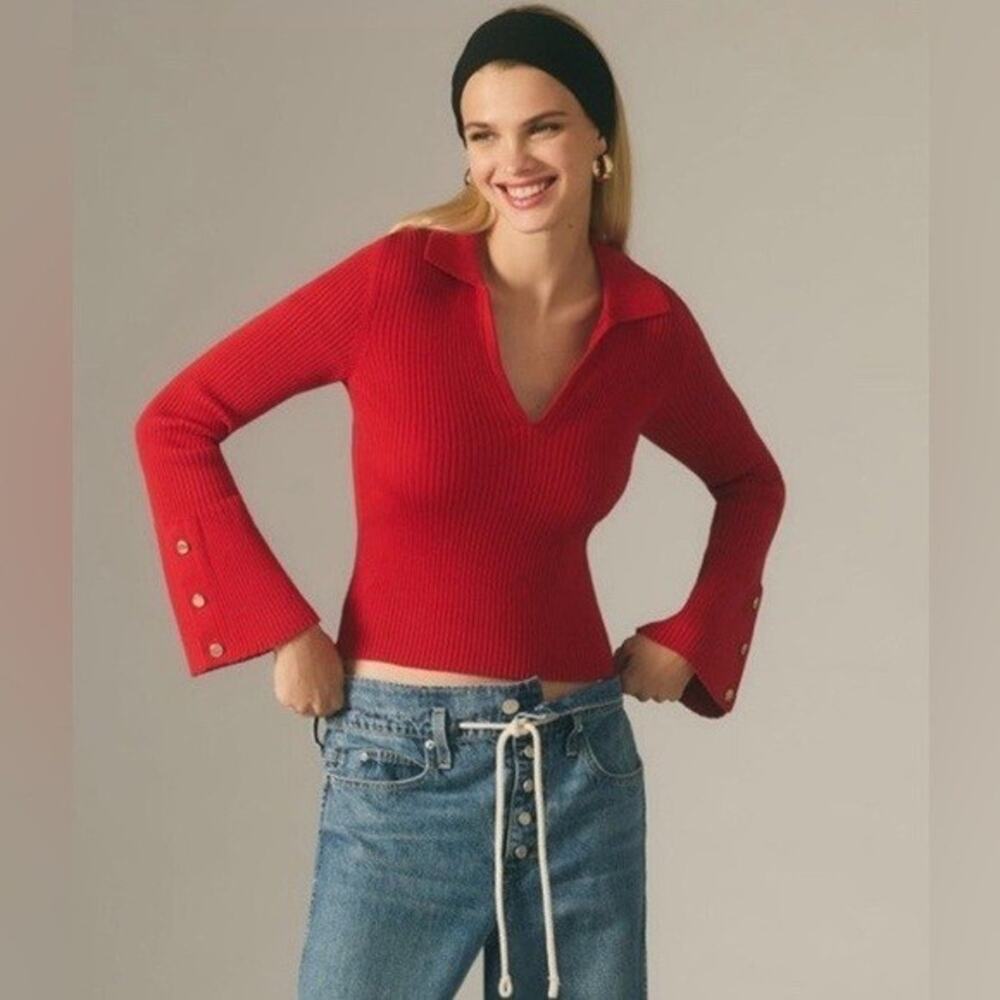 Anthropologie Maeve Red Ribbed Polo Bell Sleeve Sweater XXS